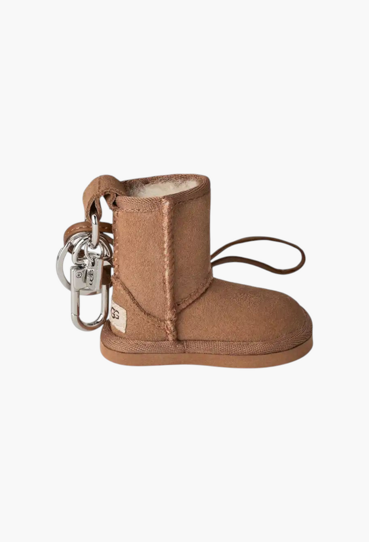 GLAM MODA classic boot charm in chestnut suede with sheepskin lining, metal keychain hardware, and PU leather strap.