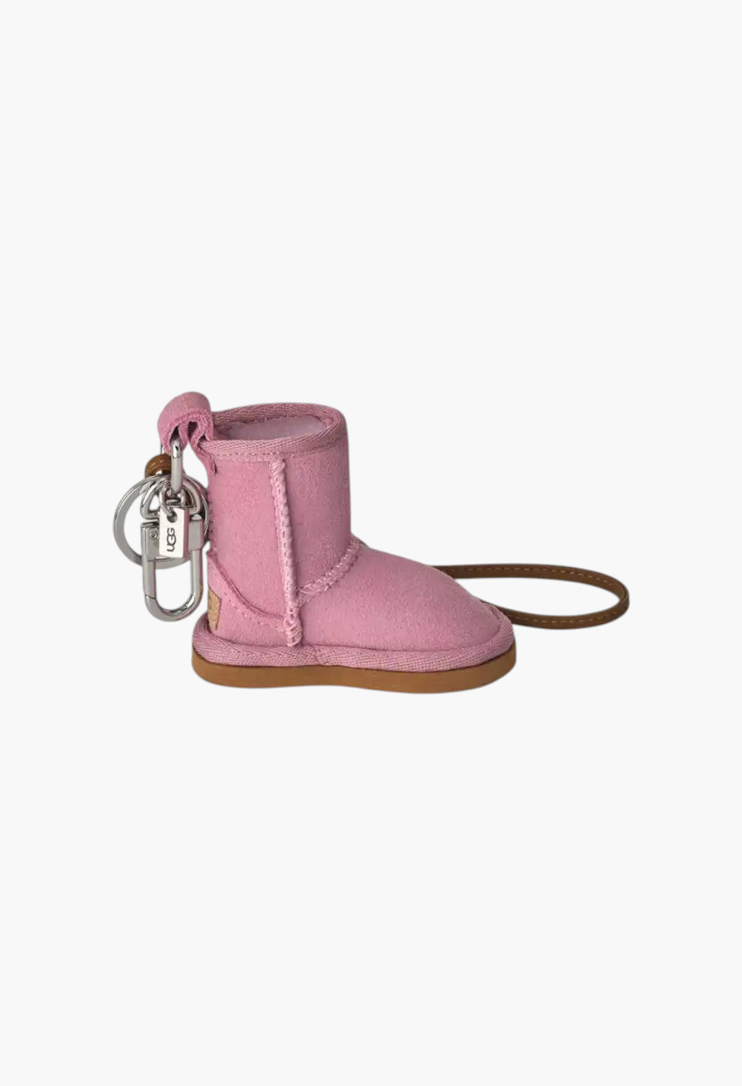 GLAM MODA pink suede mini classic boot keychain with metal hardware and brown PU leather strap