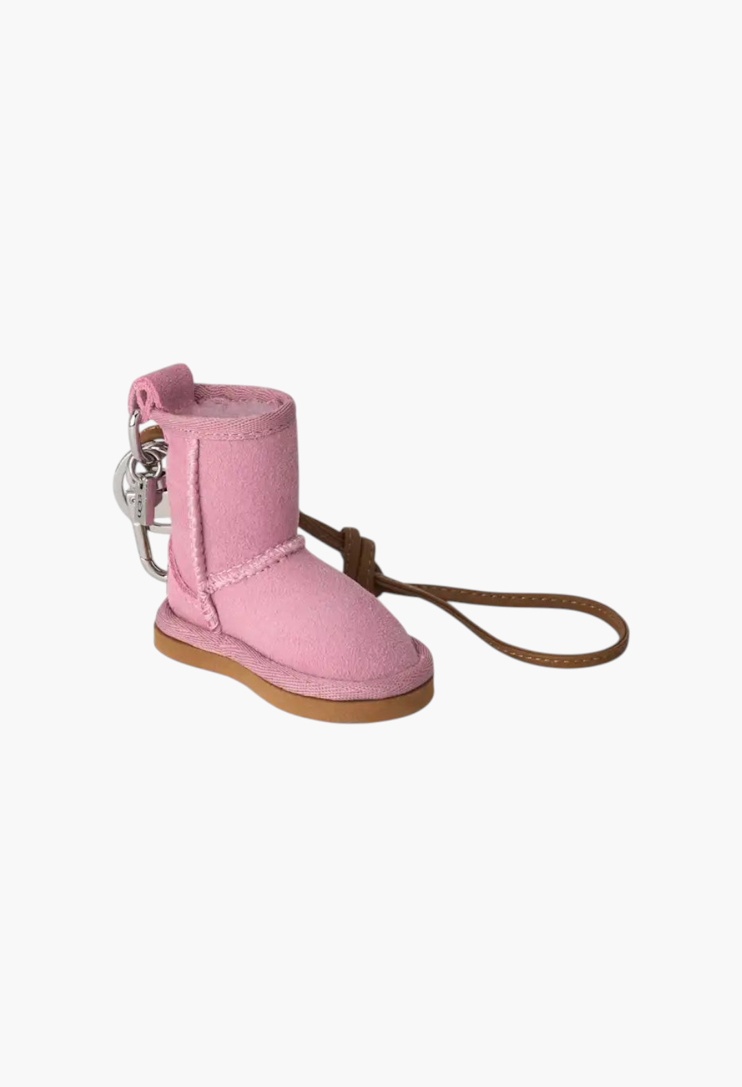 GLAM MODA pink suede mini classic boot keychain with a brown PU leather strap and metal hardware
