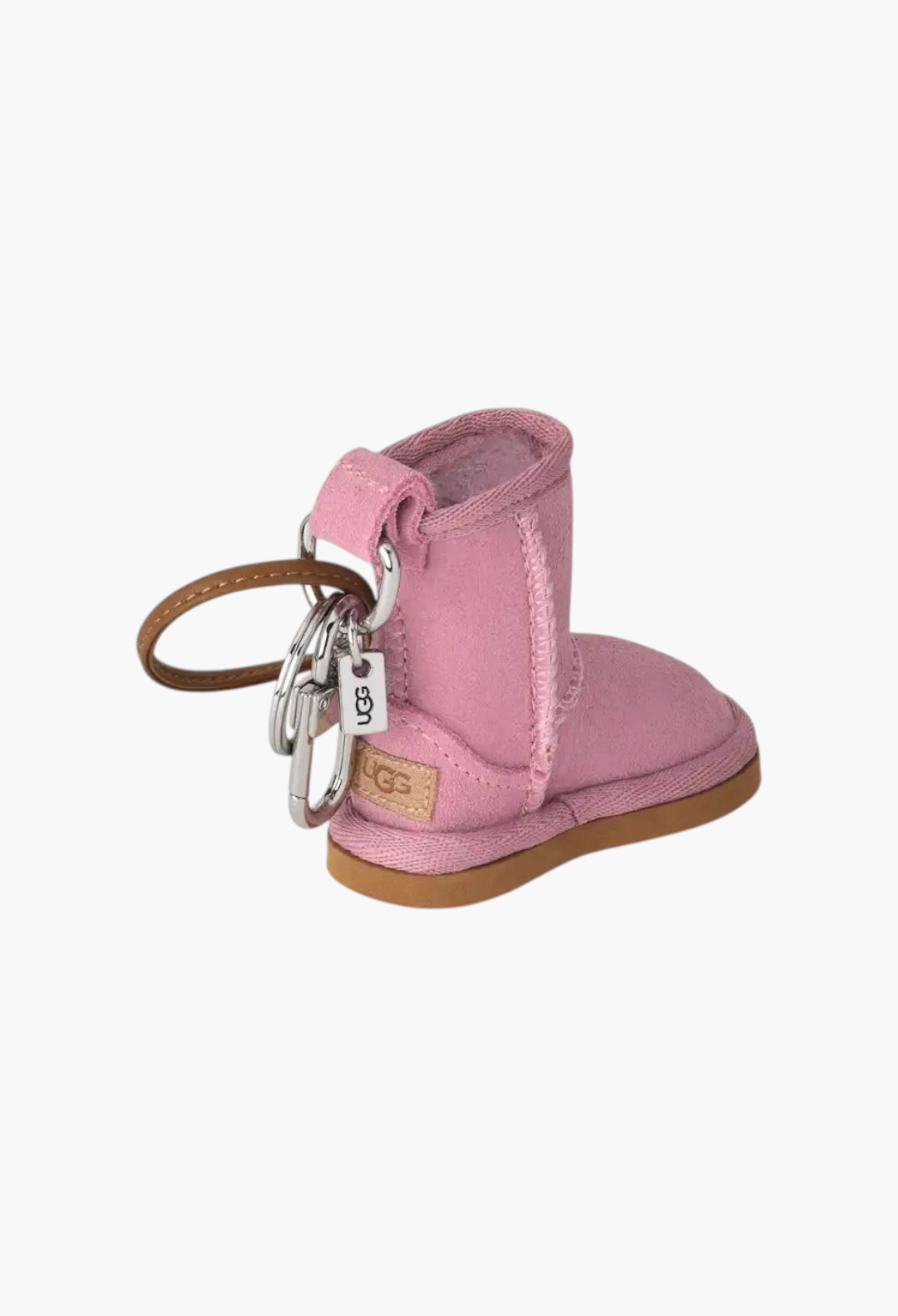 GLAM MODA pink suede mini classic boot keychain with metal hardware and brown PU leather strap
