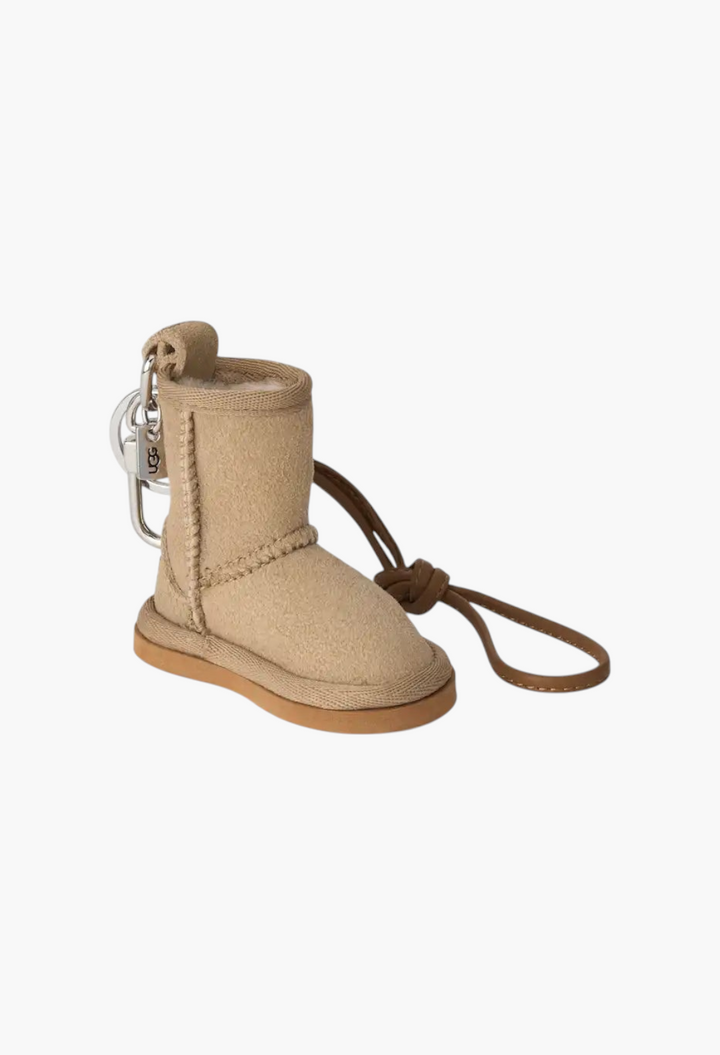 GLAM MODA beige suede classic boot charm keychain with metal hardware and PU leather strap