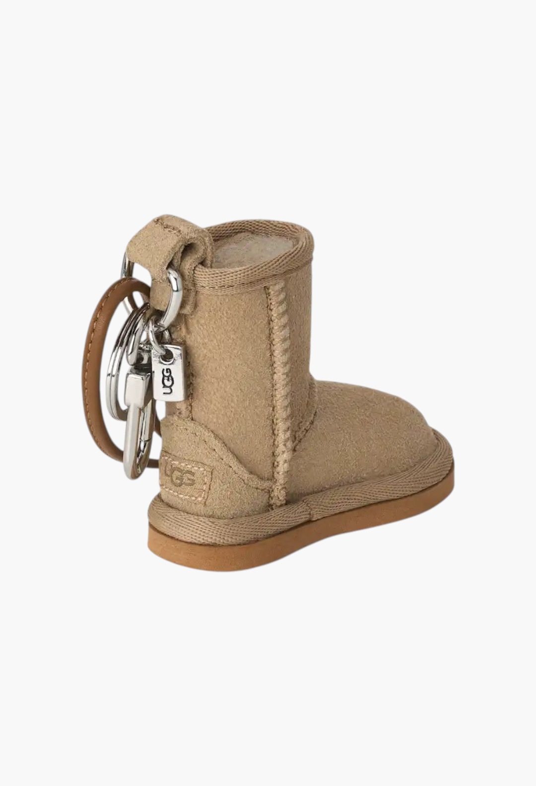 GLAM MODA classic boot charm keychain in tan suede with a miniature UGG boot design, metal ring, and PU leather strap.