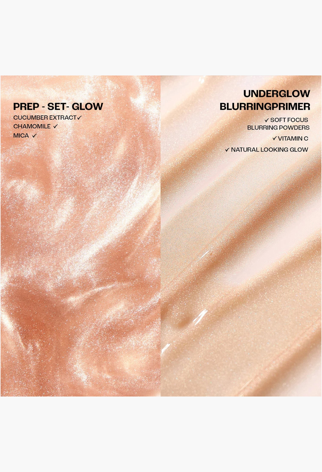 GLAM MODA Mini Glow Getters set showing shimmering Prep-Set-Glow spray and smooth Underglow Blurring Primer textures