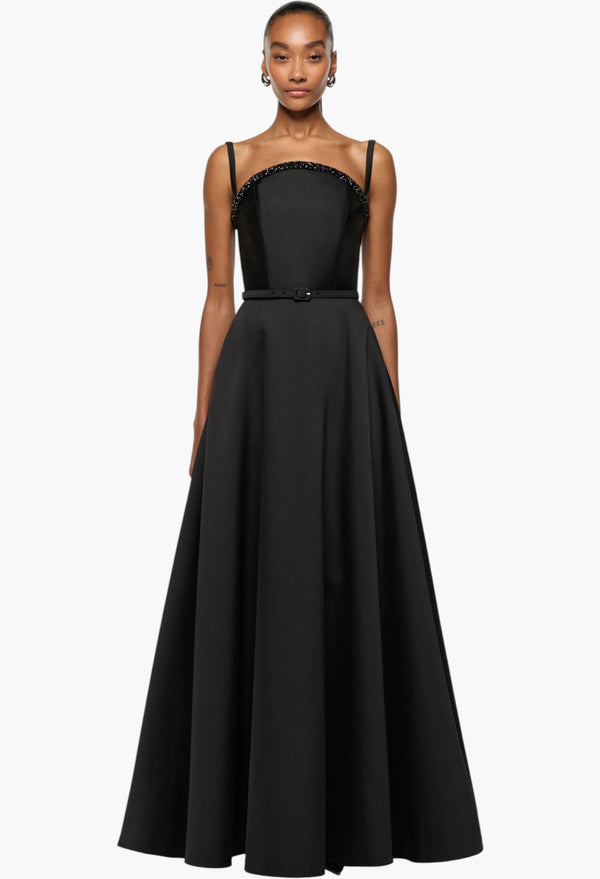 Curved Crystal Neckline Taffeta Gown