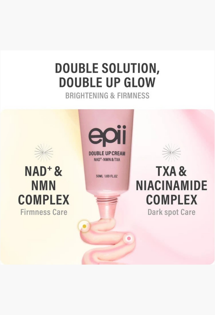 GLAM MODA Epii Double Up Cream with NAD+, NMN, and TXA for brightening and firming skin in a 50ml pink tube