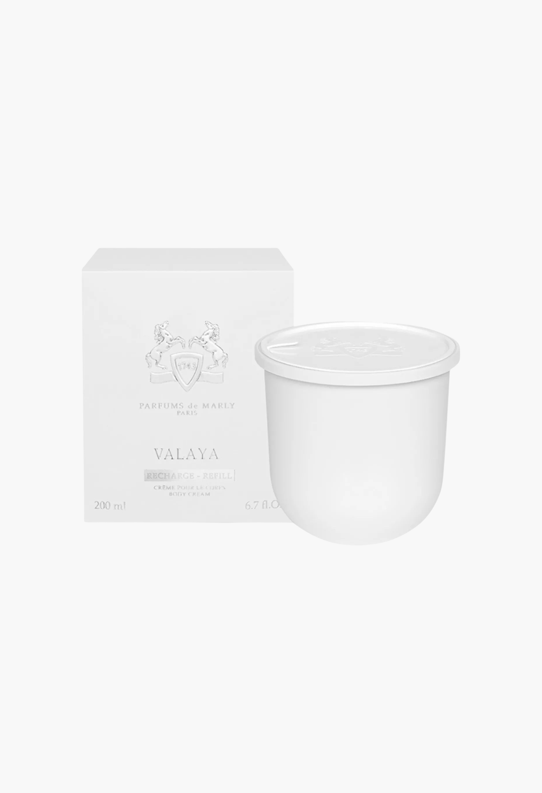 GLAM MODA Valaya refillable body cream in a white minimalist jar with matching box packaging