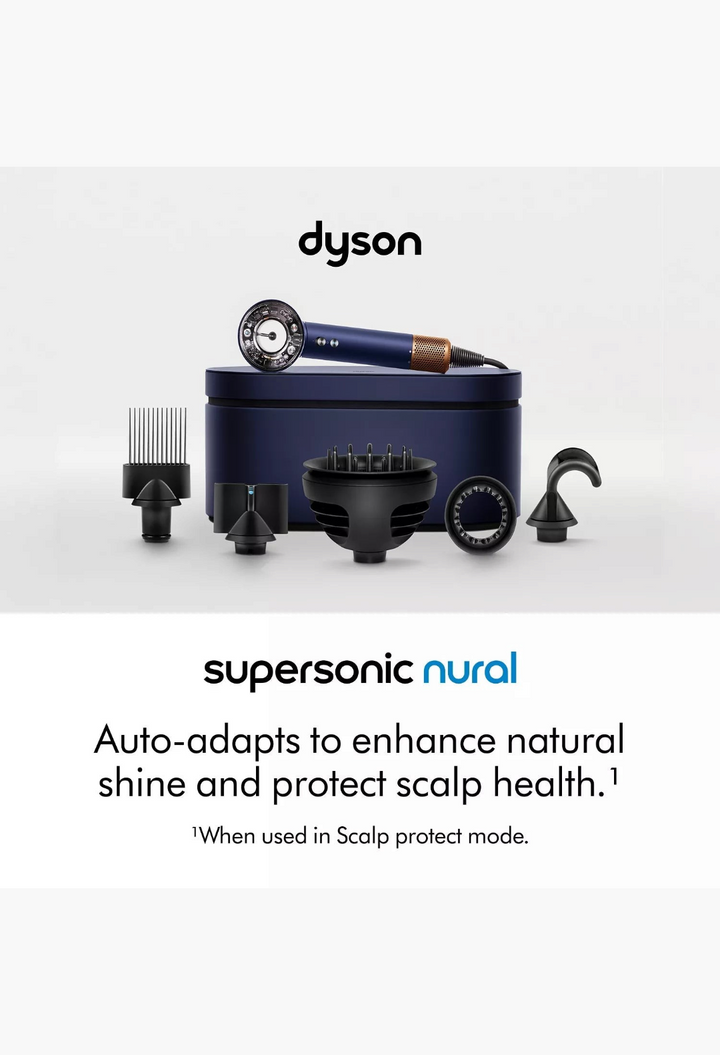 GLAM MODA Dyson Supersonic Nural hair dryer in blue with multiple styling attachments and a presentation case.