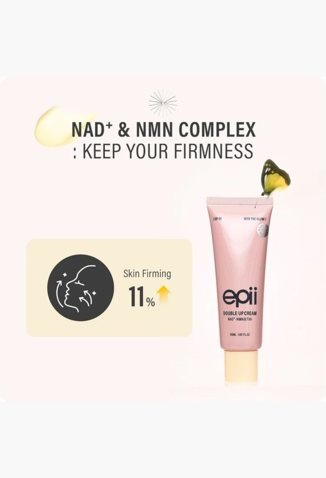 GLAM MODA Epii Double Up Cream with NAD+ and NMN in a pink 50ml tube for skin firming and brightening care.