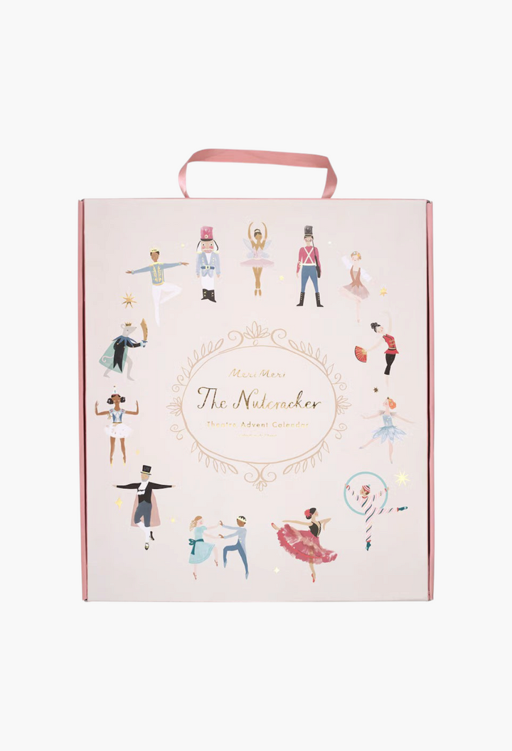 GLAM MODA The Nutcracker advent calendar box with pink handle and festive ballet character illustrations.