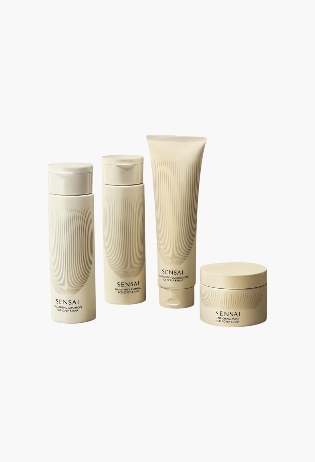 GLAM MODA SENSAI hair care collection featuring a shampoo, conditioner, and mask in beige textured bottles and jars.