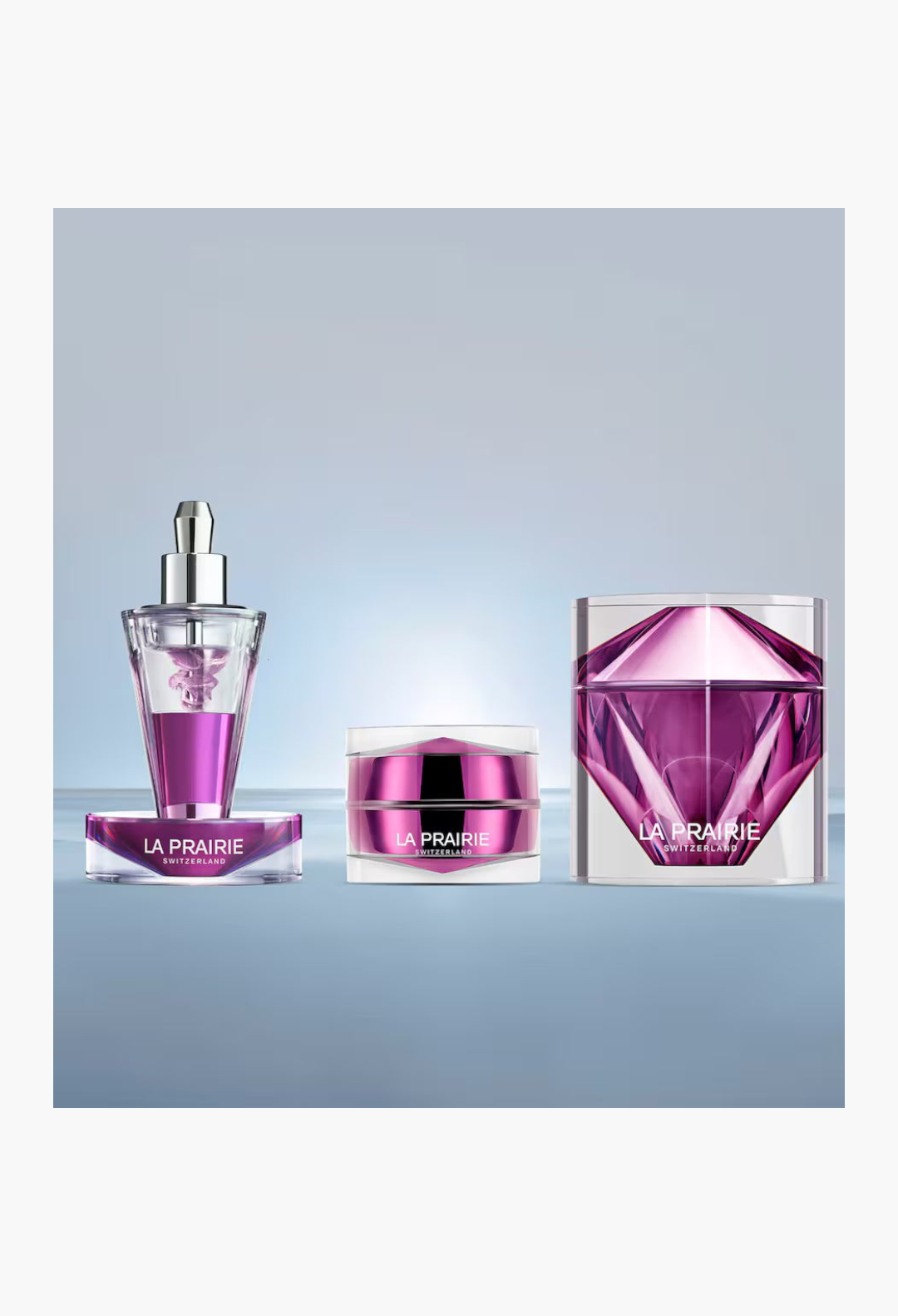 GLAM MODA La Prairie Platinum Rare Haute-Rejuvenation Protocol set featuring three purple metallic skincare vials