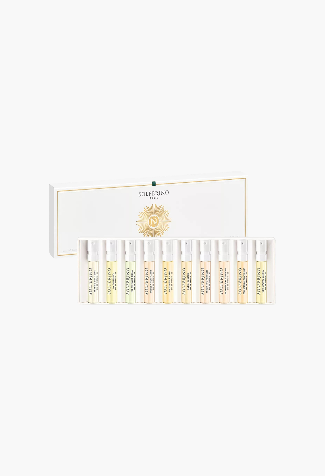 GLAM MODA Solférino Paris fragrance discovery set featuring ten miniature eau de parfum vials in a white presentation box.