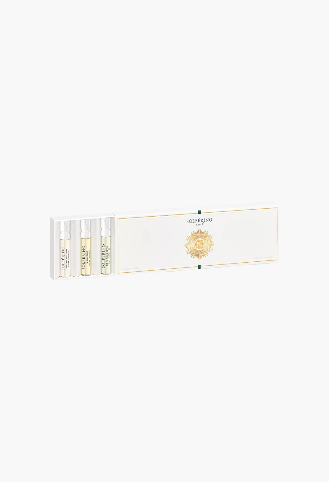 GLAM MODA Solférino Paris fragrance discovery gift set featuring ten miniature eau de parfum vials in a white box.