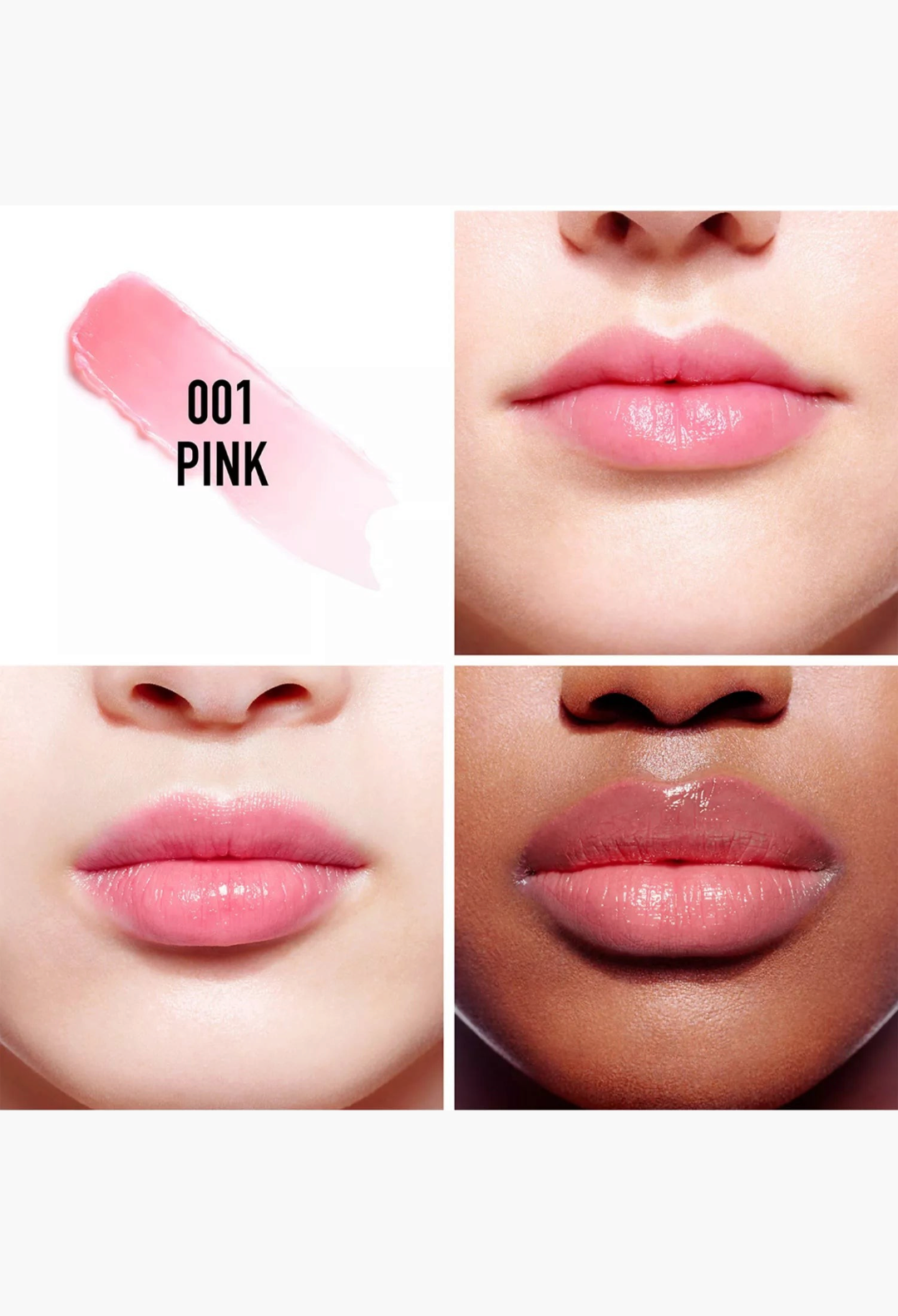 GLAM MODA Dior Addict Lip Essentials set featuring 001 Pink shade swatches and glossy lip application on diverse skin