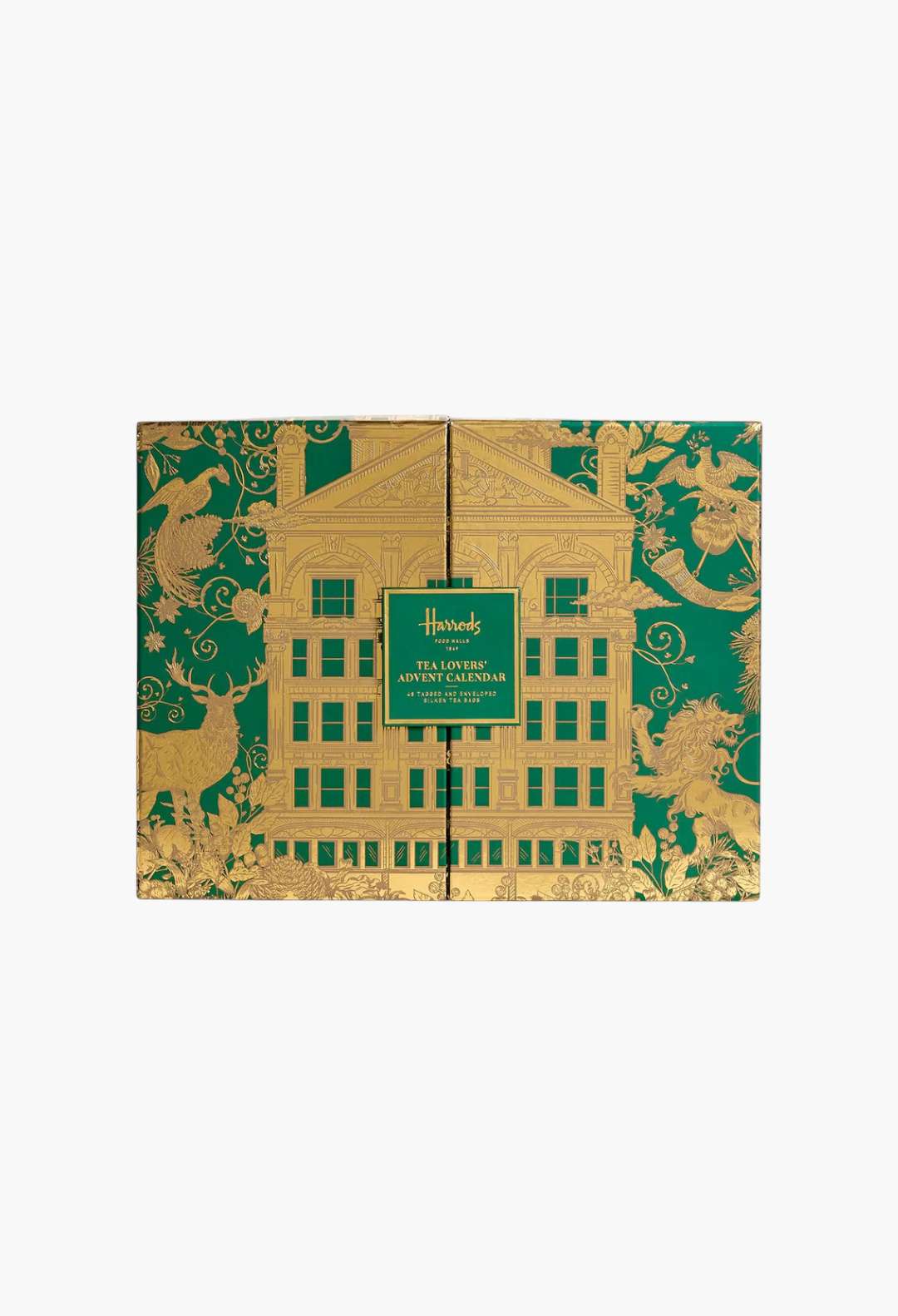 GLAM MODA Harrods Tea Lovers advent calendar in green and gold with festive building and animal illustrations