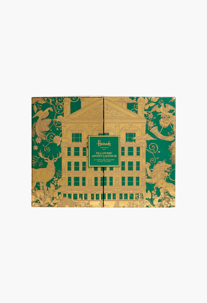 GLAM MODA Harrods Tea Lovers advent calendar in green and gold with festive building and animal illustrations