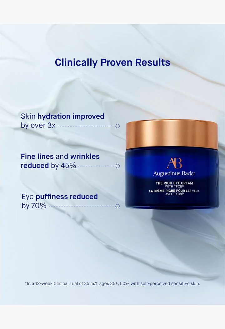 GLAM MODA Augustinus Bader The Rich Eye Cream in a deep blue glass jar with a metallic gold lid.