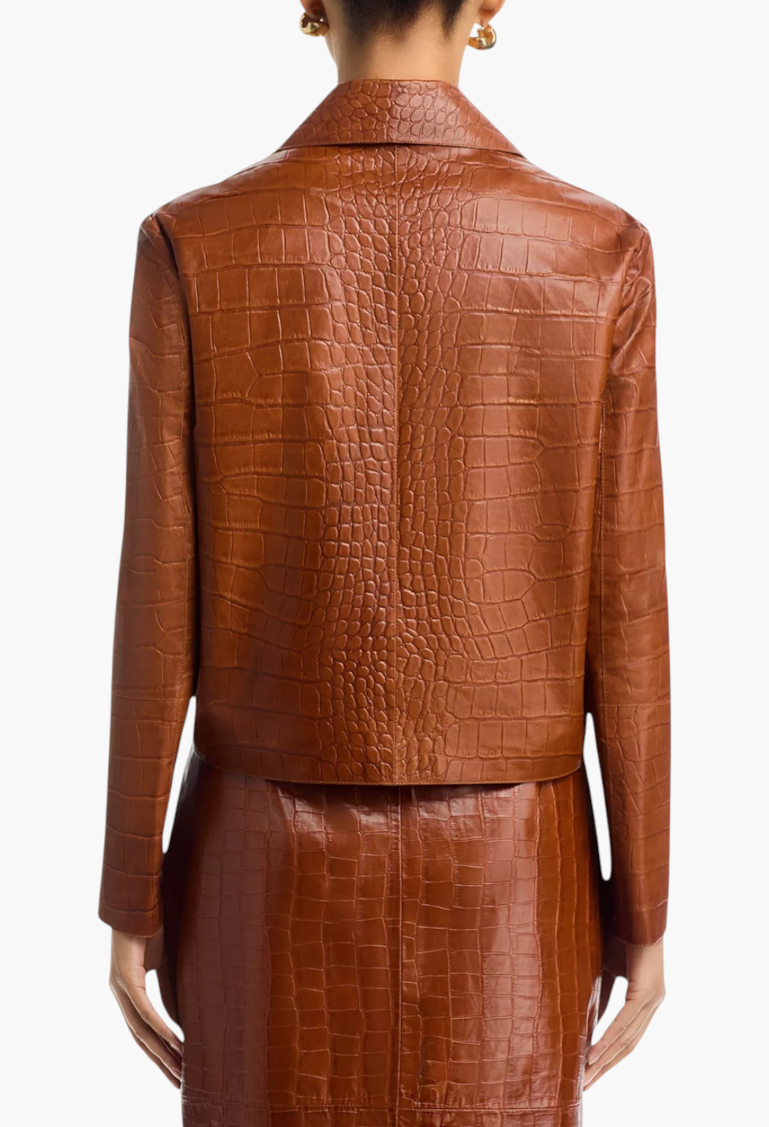 Back view of GLAM MODA Emy brown embossed leather jacket with a spread collar and relaxed fit