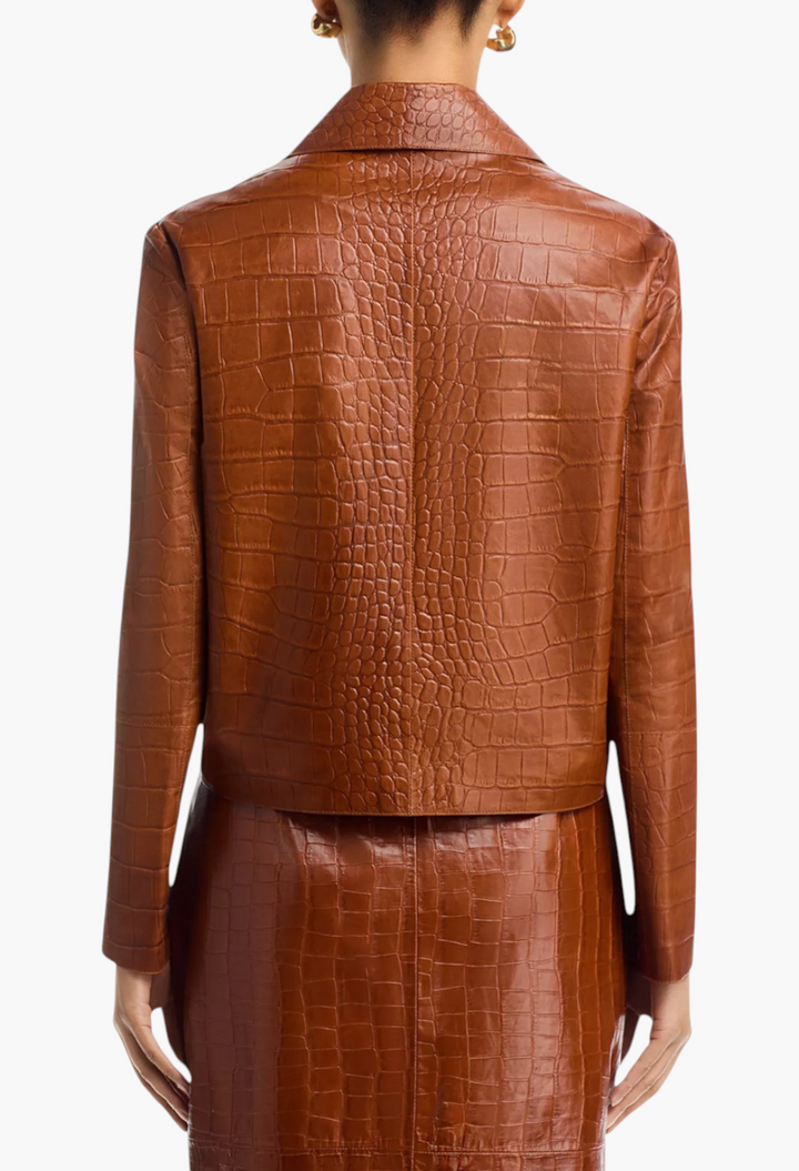 Back view of GLAM MODA Emy brown embossed leather jacket with a spread collar and relaxed fit