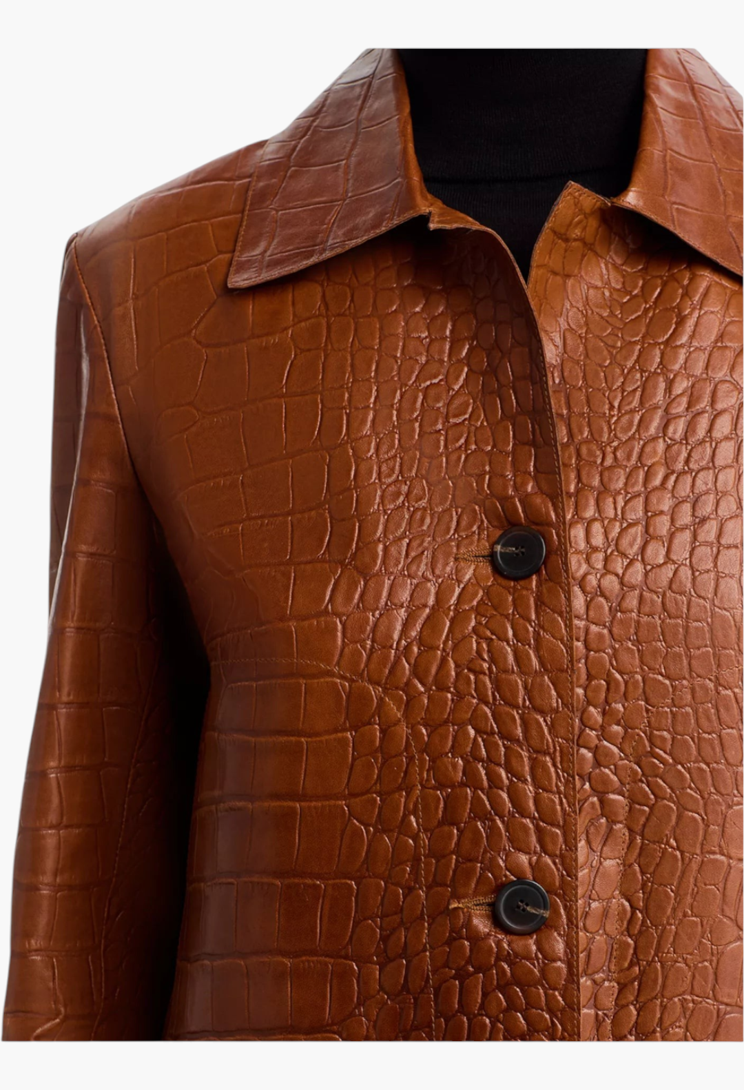 GLAM MODA Emy brown leather jacket with embossed crocodile texture, spread collar, and button front closure.