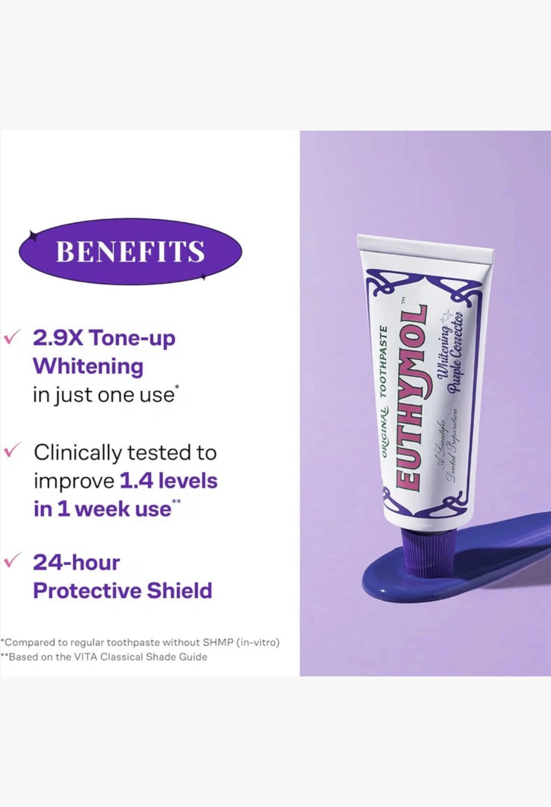 GLAM MODA Euthymol purple whitening toothpaste tube with benefits list on a purple background