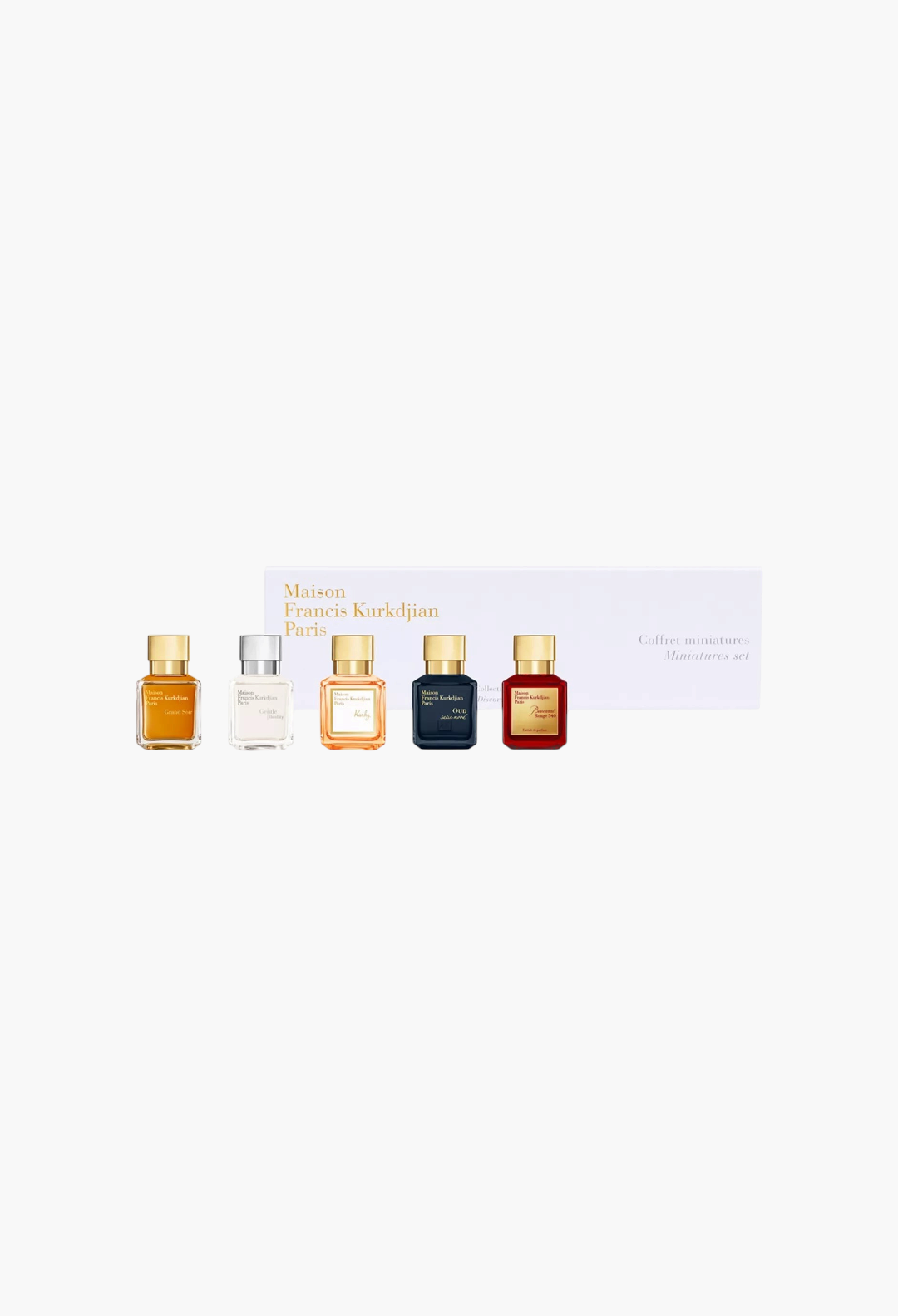 GLAM MODA Maison Francis Kurkdjian miniatures gift set featuring five iconic luxury fragrance bottles in a white box.