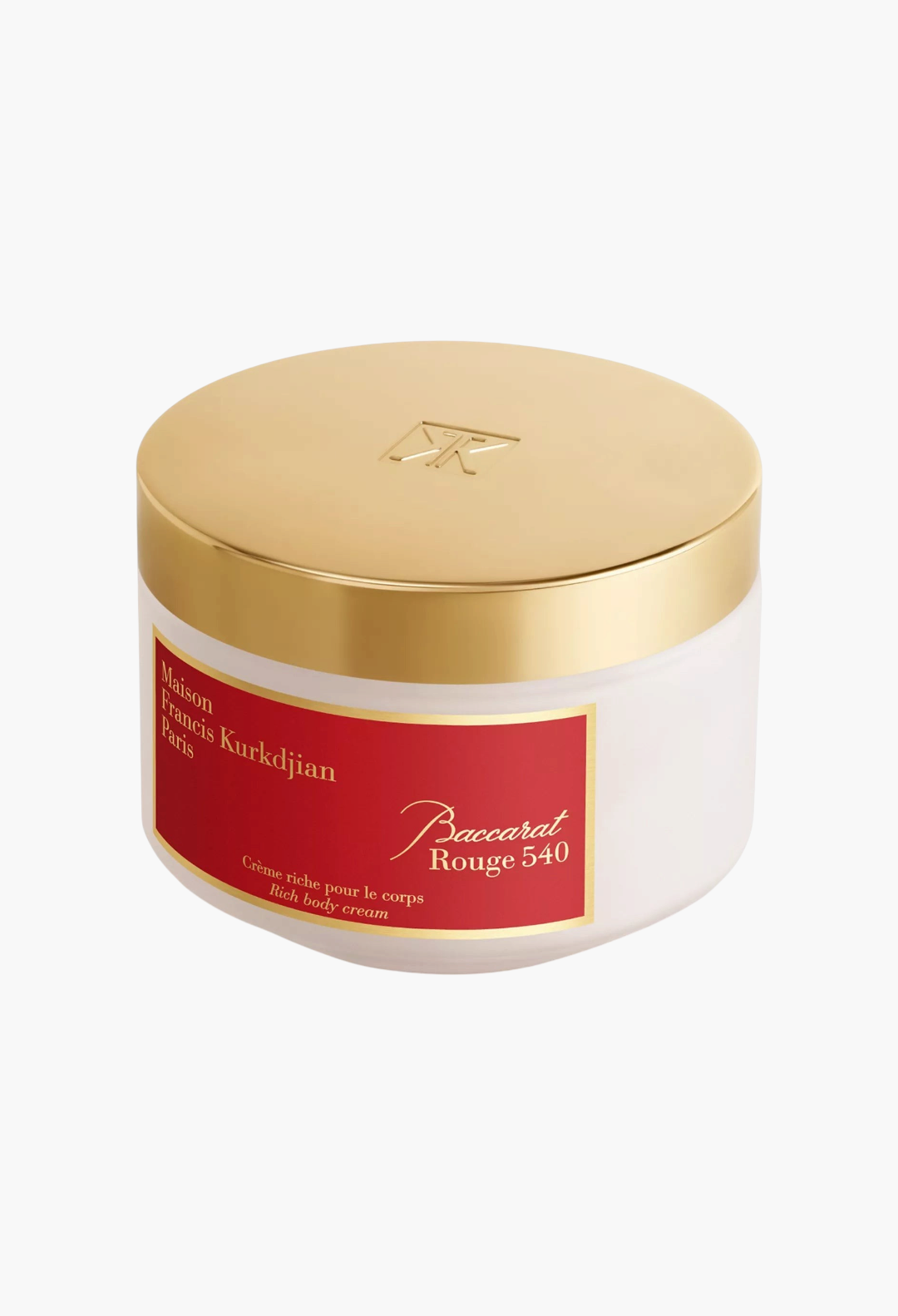 GLAM MODA Baccarat Rouge 540 Rich Body Cream in a white jar with a gold lid and red label, 6.8 oz luxury skincare.