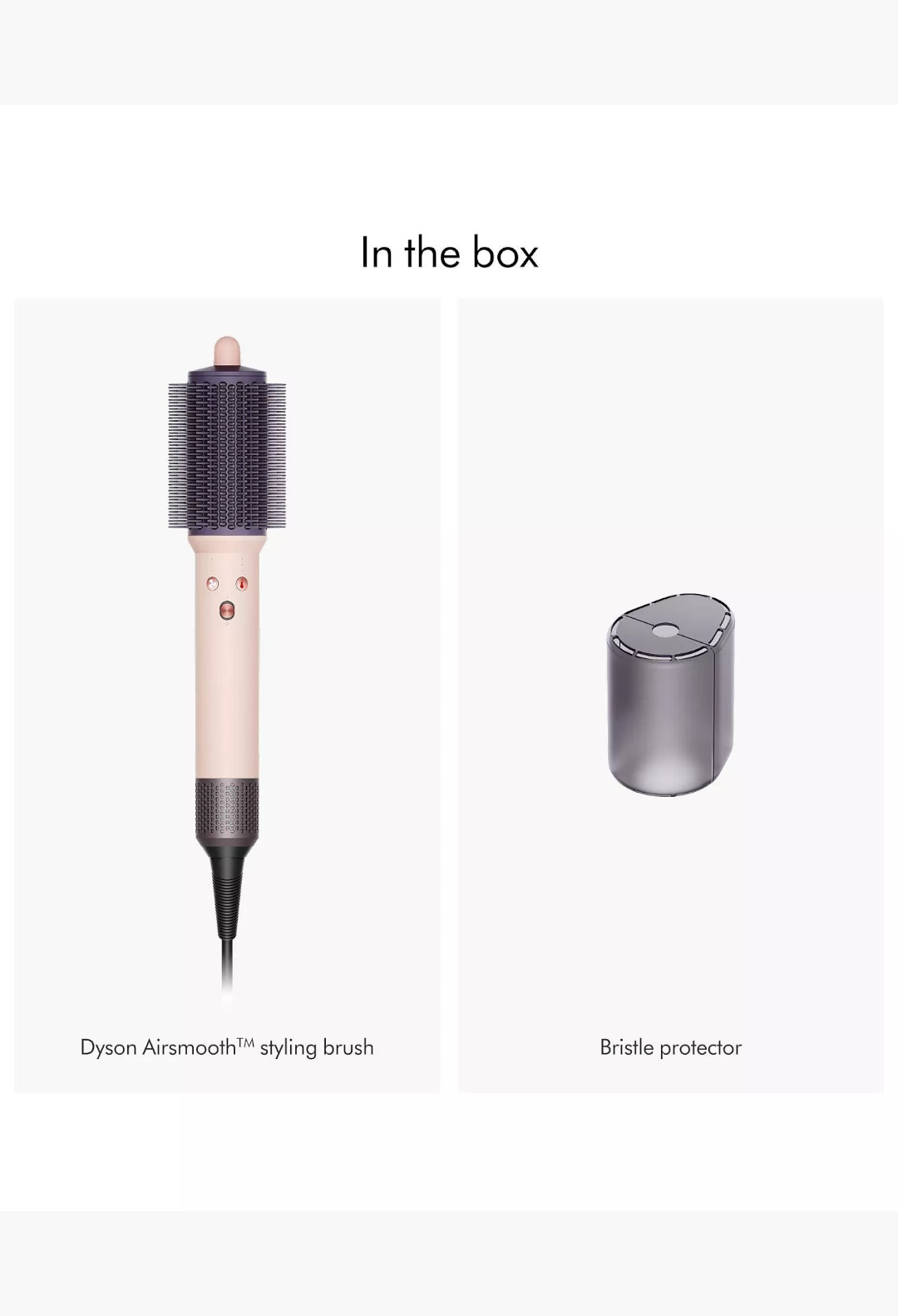 GLAM MODA Dyson Airsmooth styling brush in ceramic pink and rose gold with a travel-friendly bristle protector.