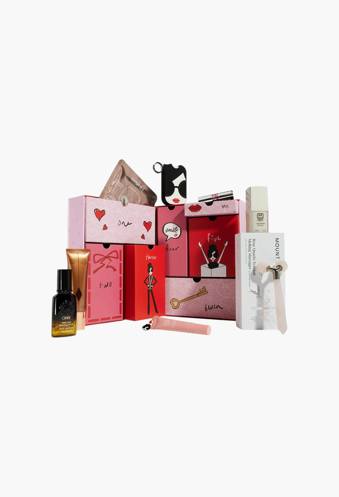 GLAM MODA Alice + Olivia 7-day beauty advent calendar featuring skincare, makeup, and hair care products in gift boxes