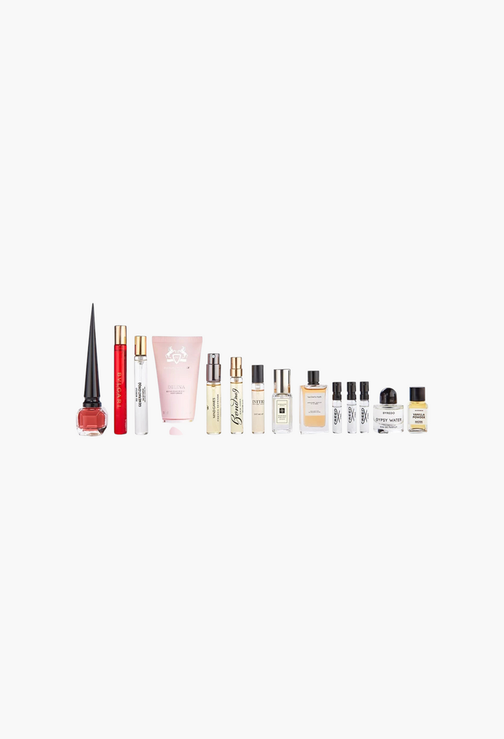 GLAM MODA 12 days of luxury fragrance advent calendar gift set featuring assorted designer perfume vials and body cream