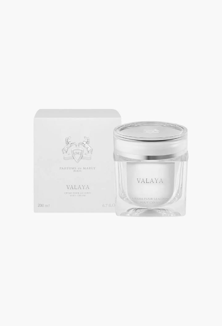 GLAM MODA Valaya refillable body cream jar and white box packaging featuring elegant branding and minimalist design