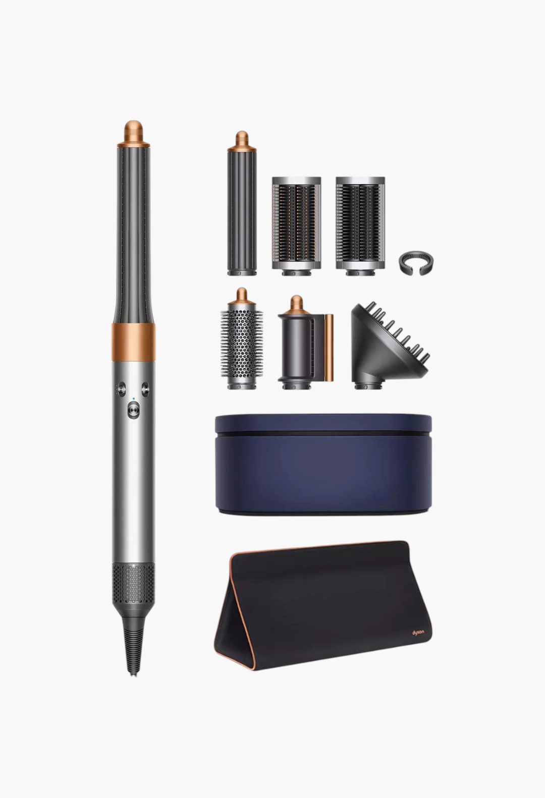 GLAM MODA Airwrap Styler set in nickel and copper with multiple styling attachments, storage case, and travel bag.