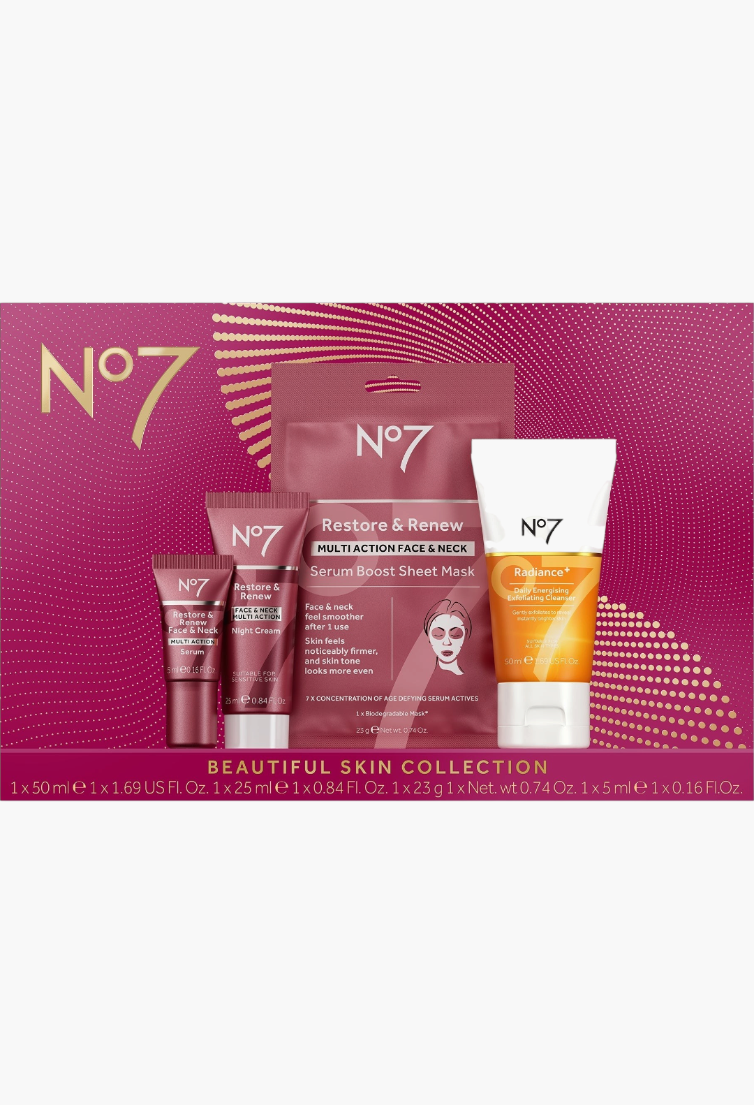GLAM MODA No7 Beautiful Skin Collection featuring night cream, exfoliating cleanser, serum, and sheet mask set.
