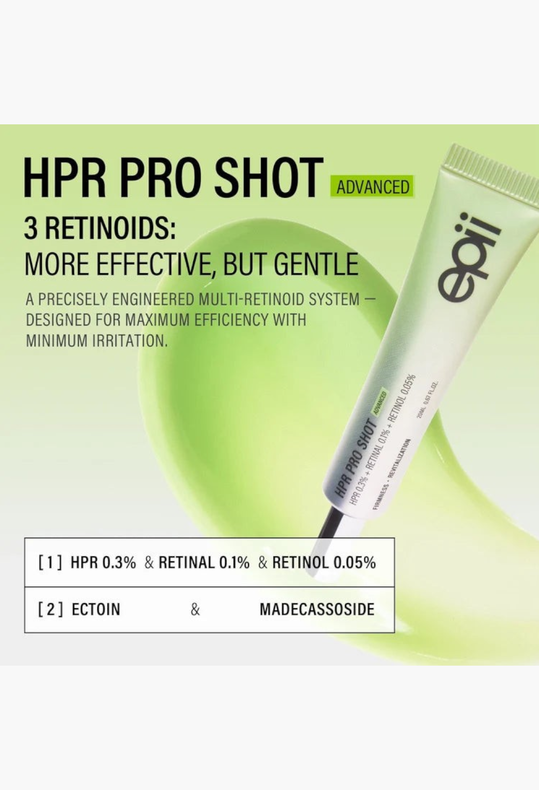 GLAM MODA epii HPR Pro Shot 3-retinoid serum in a tube with text highlighting HPR, Retinal, Retinol, and Ectoin.
