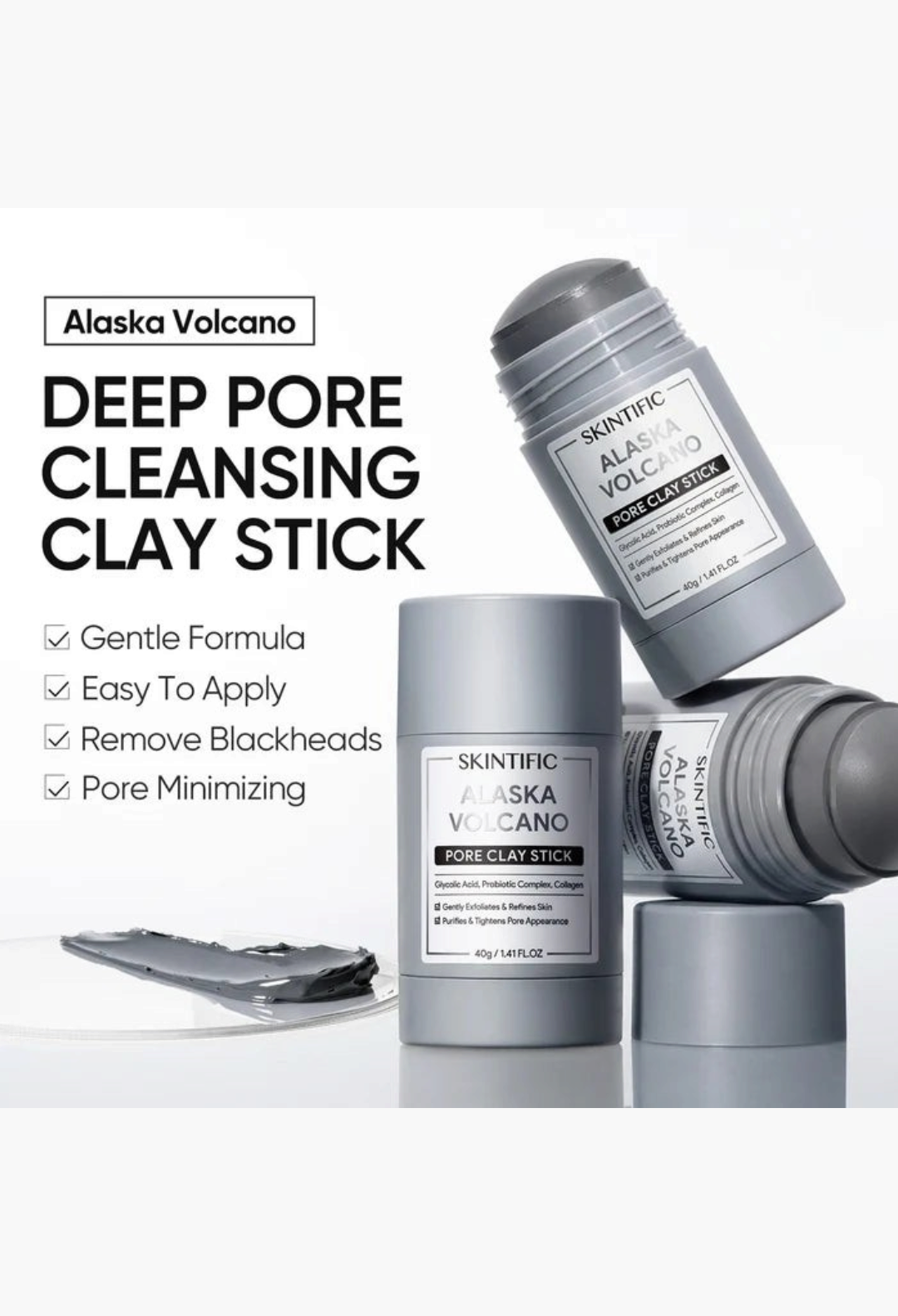 GLAM MODA Alaska Volcano Pore Clay Stick mask in grey packaging with a charcoal clay texture swatch on a white surface.