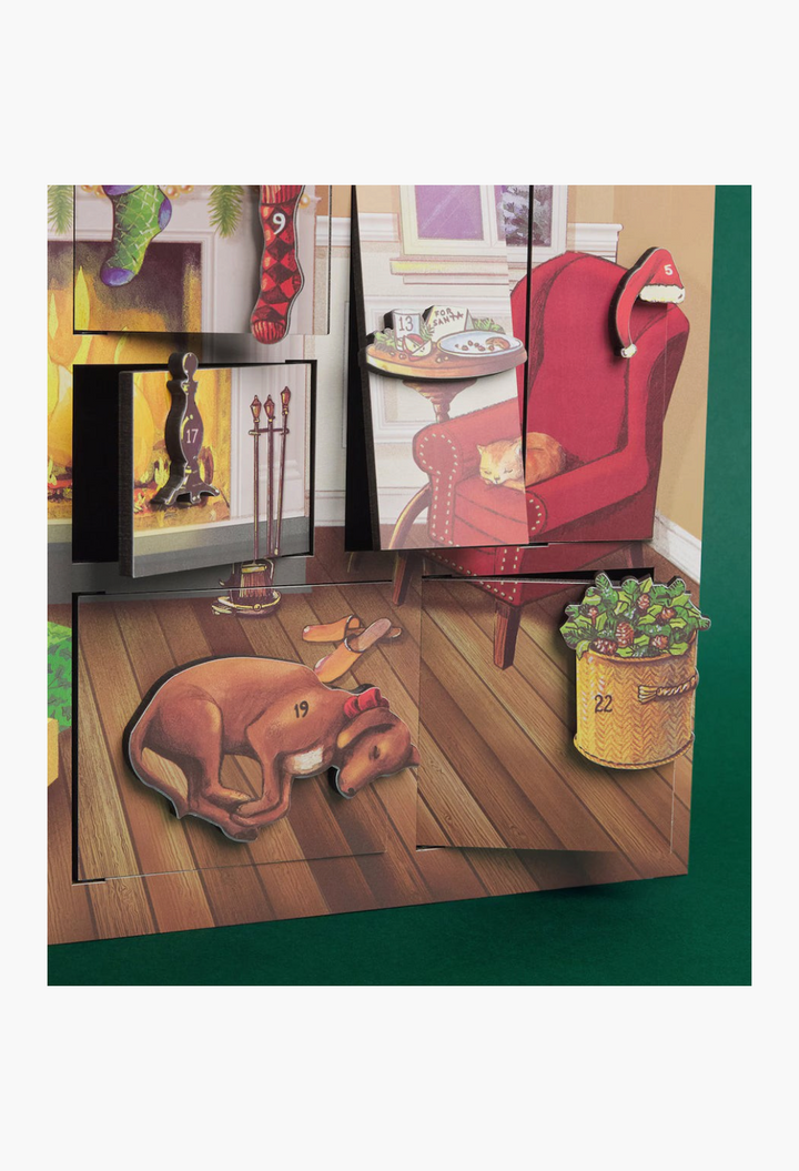 GLAM MODA Fireside musical wooden advent calendar featuring festive illustrations of a cozy room with numbered doors