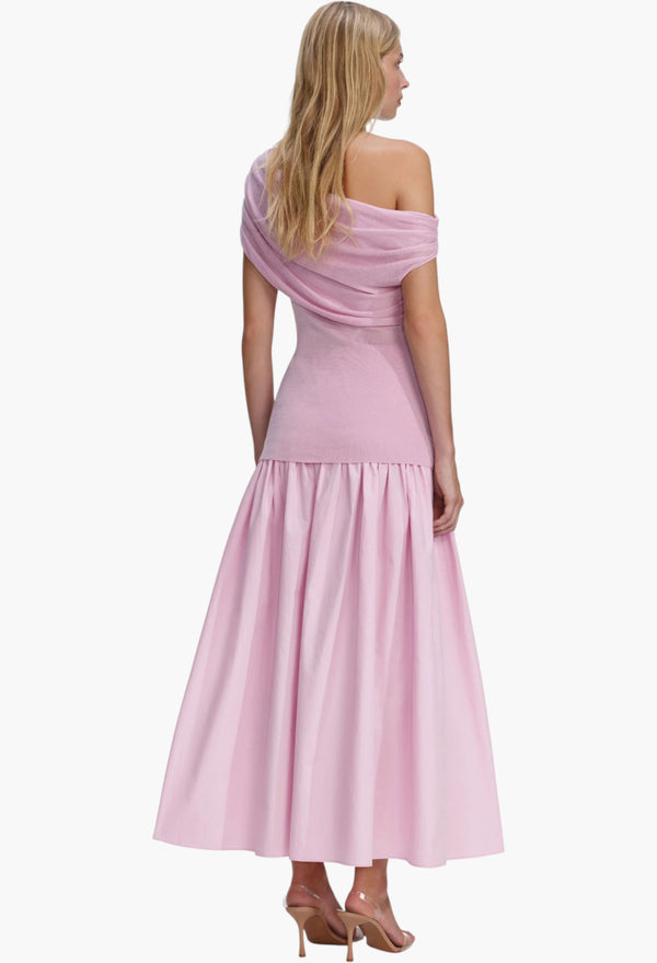 Pink Cotton Draped Knit Midi Dress
