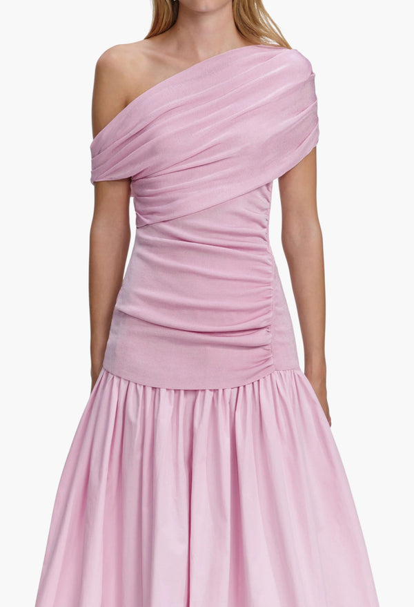 Pink Cotton Draped Knit Midi Dress