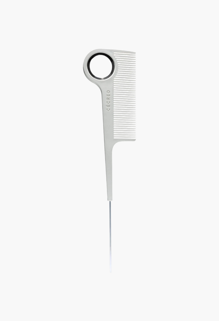 GLAM MODA Parting Tail Comb in white with fine teeth, stainless steel tail, and a circular hanging ring.