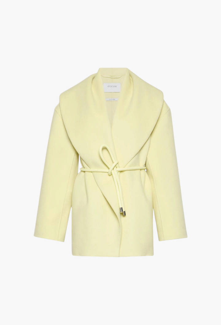 GLAM MODA pale yellow pure virgin wool double fabric jacket with a wide shawl collar and a tubular waist belt.
