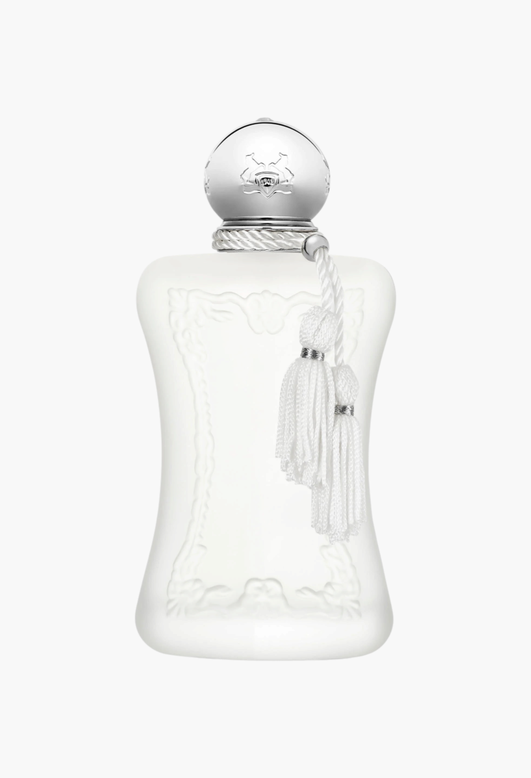 GLAM MODA Parfums de Marly Valaya Eau de Parfum in a sculptural white frosted glass bottle with a silver cap and tassel