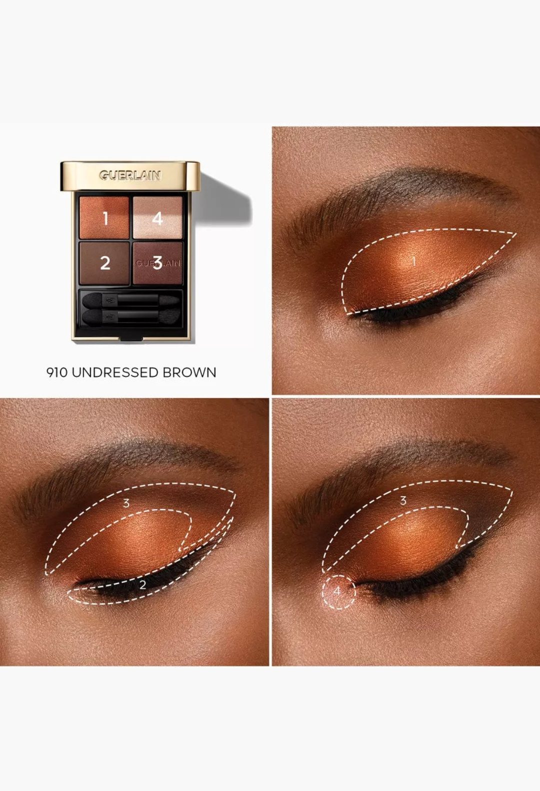 GLAM MODA Guerlain Ombres G Eyeshadow Quad in Undressed Brown with application tutorial on eyelid