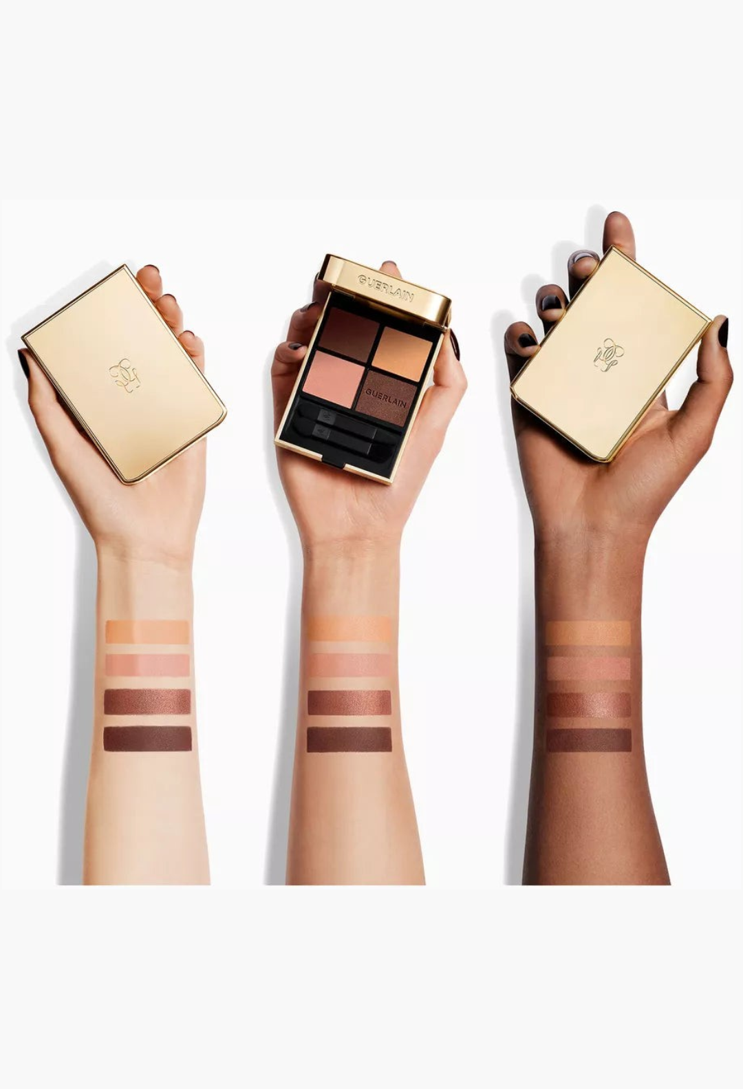 GLAM MODA Guerlain Ombres G Undressed Brown eyeshadow quad palette with swatches on three different skin tones