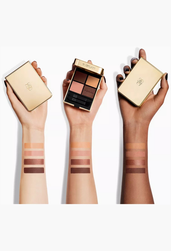 GLAM MODA Guerlain Ombres G Undressed Brown eyeshadow quad palette with swatches on three different skin tones