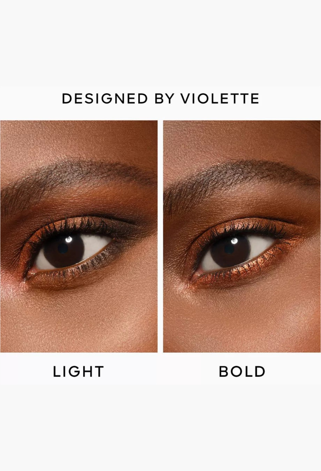GLAM MODA Ombres G Eyeshadow Quad in Undressed Brown showing light and bold eye makeup looks on a model.