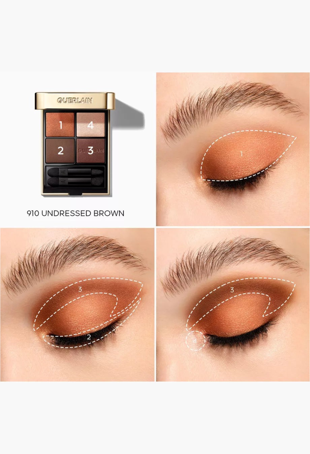 GLAM MODA Guerlain Ombres G Eyeshadow Quad in Undressed Brown showing palette and eye makeup application steps