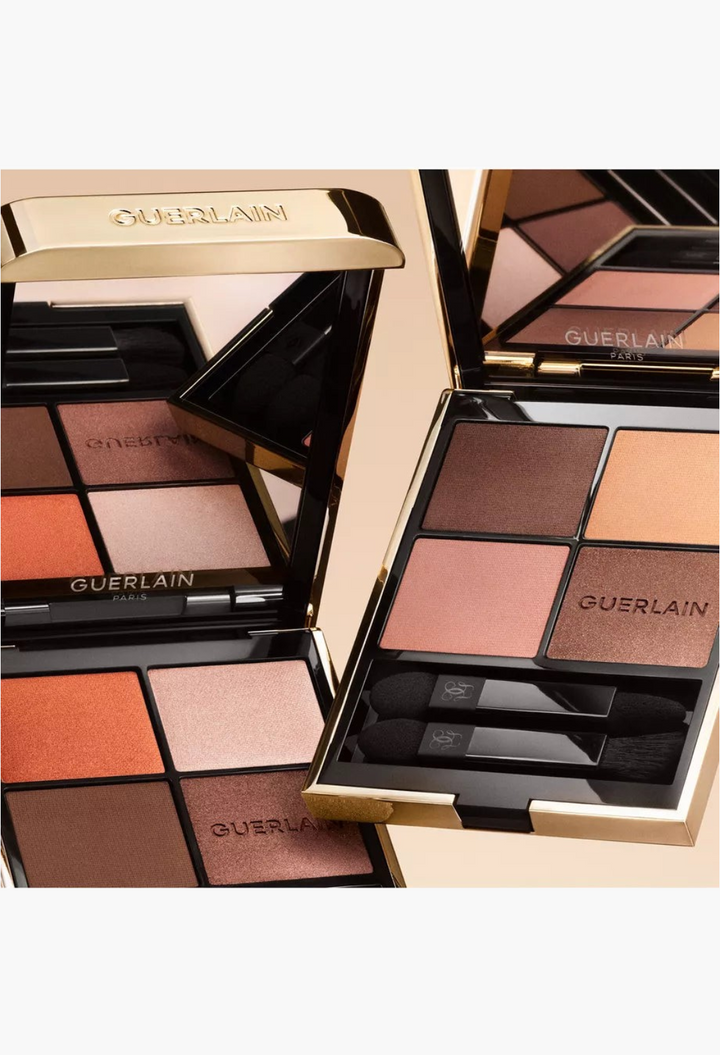 GLAM MODA Guerlain Ombres G Eyeshadow Quad in Undressed Brown with four pigmented shades and two applicators.