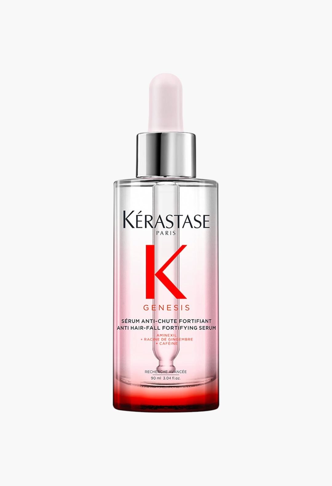 GLAM MODA Kérastase Genesis anti-hair fall scalp serum in a clear glass bottle with a pink gradient and dropper cap.