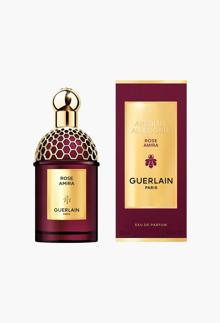 GLAM MODA Guerlain Rose Amira Eau De Parfum bottle and box with gold honeycomb cap and deep burgundy glass