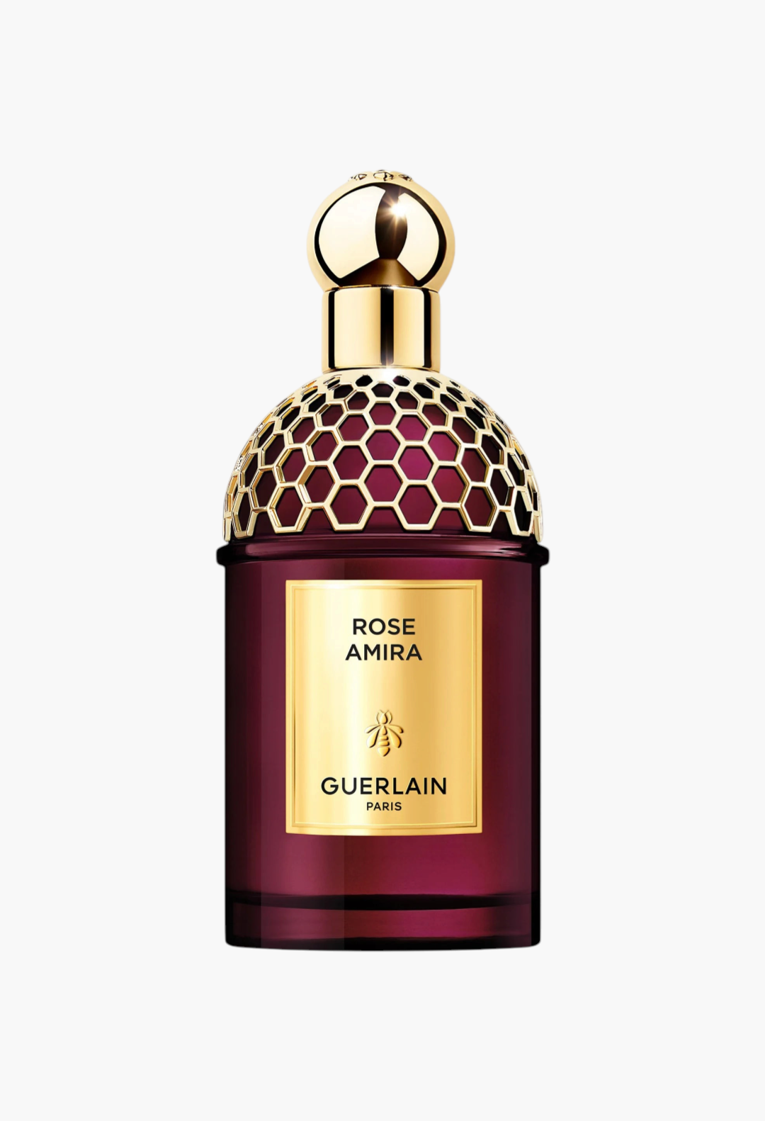 GLAM MODA Guerlain Rose Amira Eau De Parfum in a deep purple glass bottle with a gold honeycomb cap and label